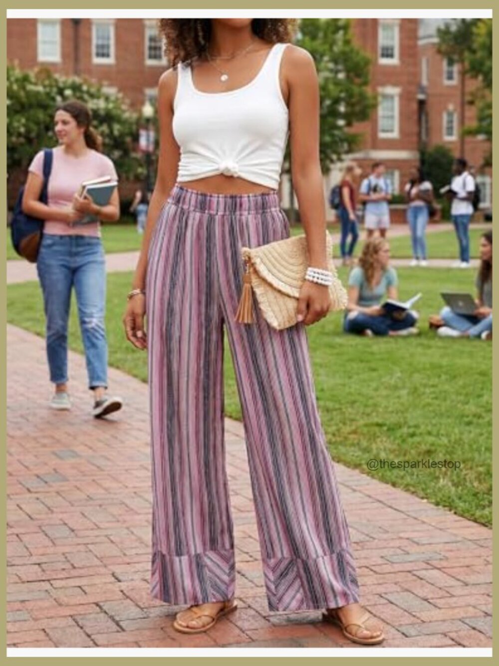 Women's Striped Wide Leg High Waisted Flowy Palazzo Pants Casual Summer Lounge - Picture 5 of 6